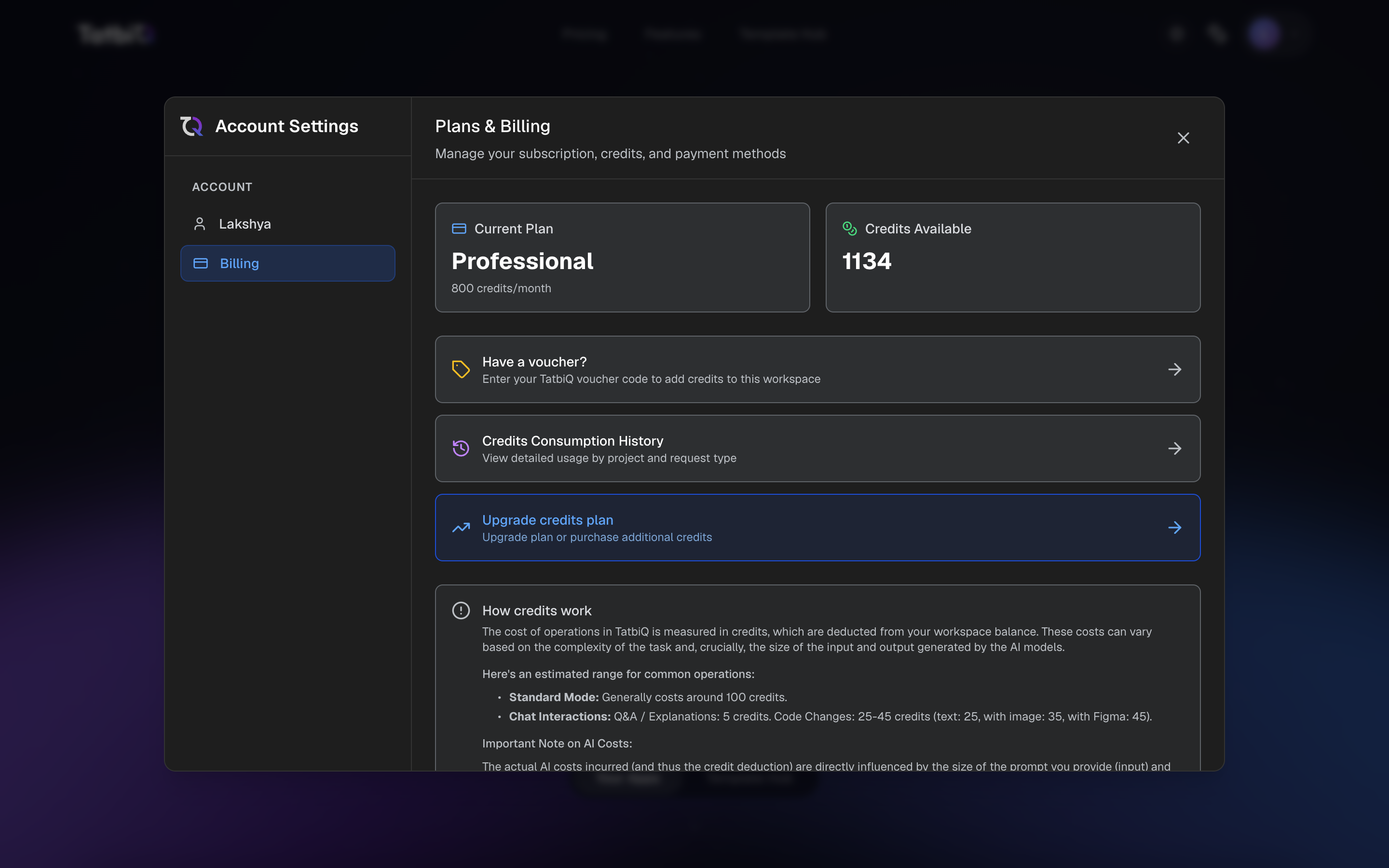 The TatbiQ Settings screen showing the Account and Billing sections