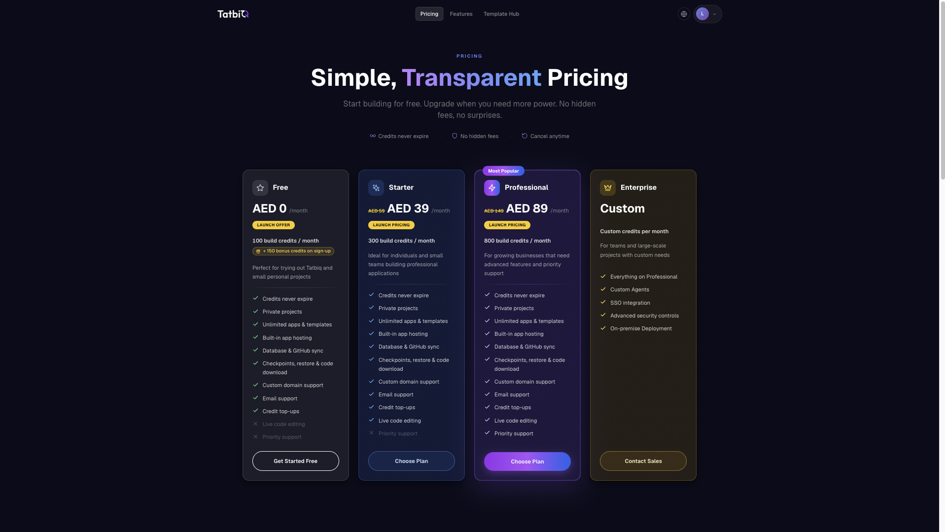 A comparison of TatbiQ plans showing monthly credits and features