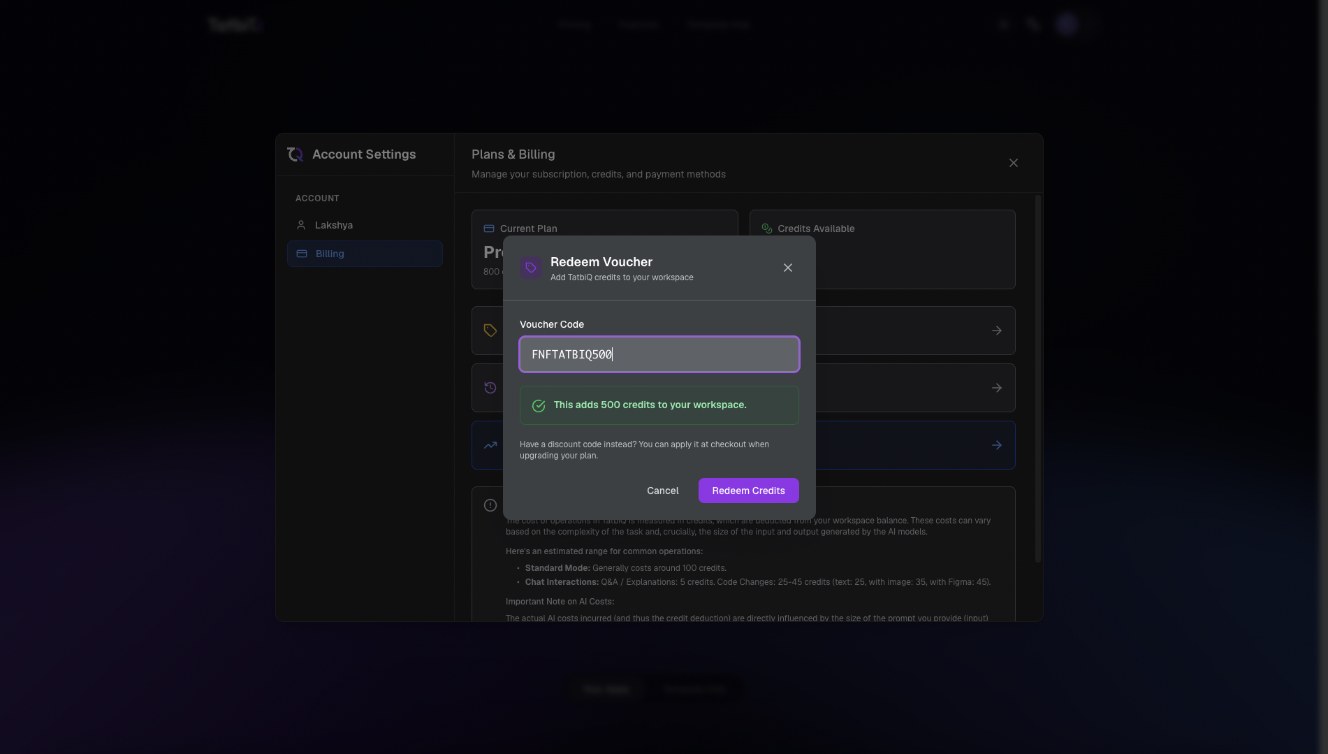 The TatbiQ voucher redemption screen with the Voucher Code field and Redeem Credits button