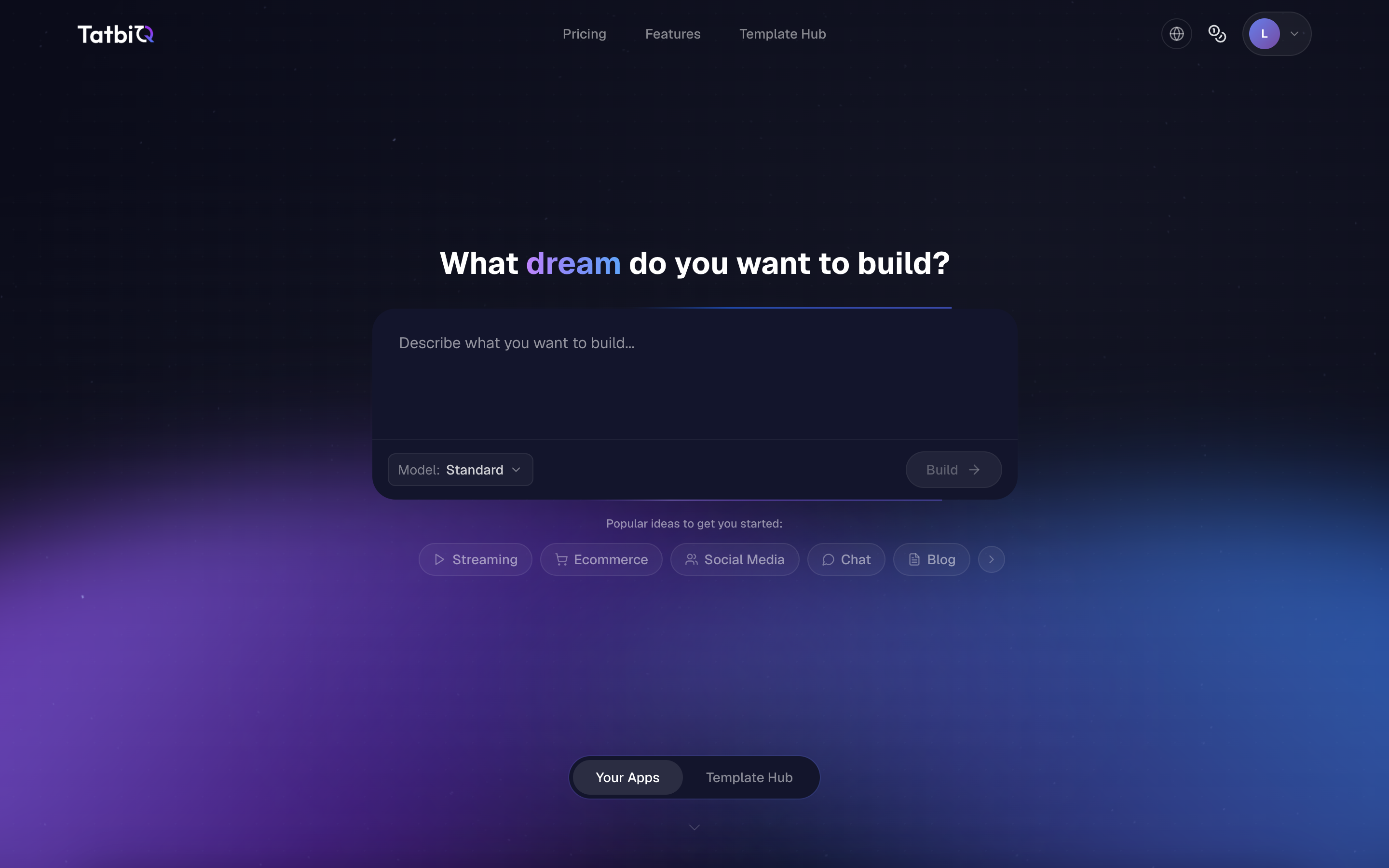 The TatbiQ home page with the prompt box where you describe the app you want to build