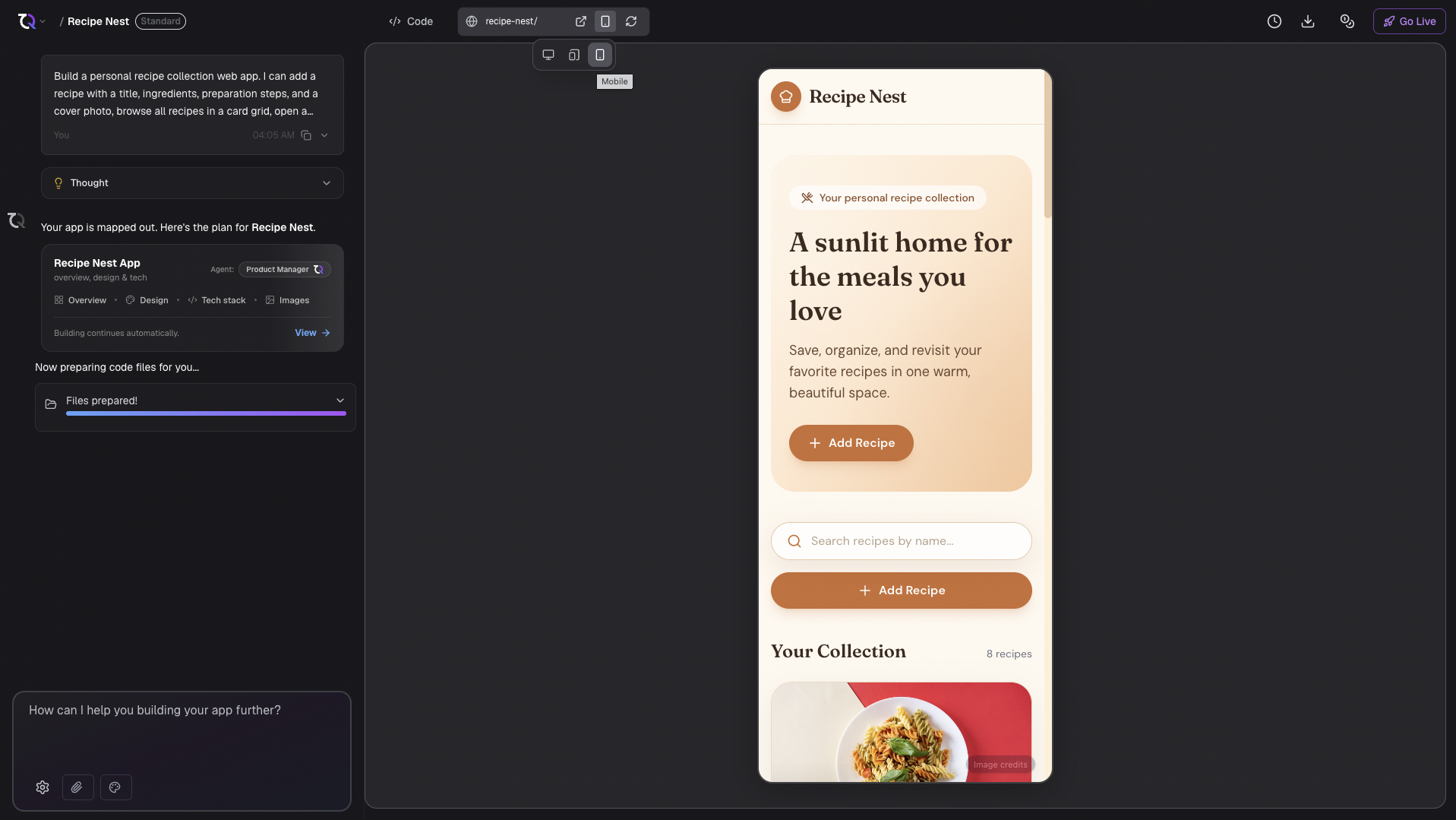 The TatbiQ preview toolbar with mobile view selected and the device size menu open