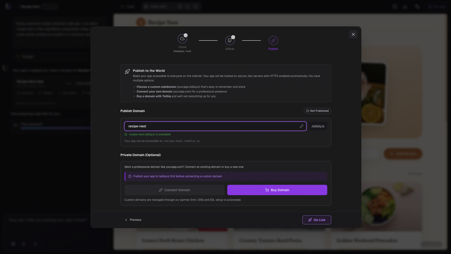 The TatbiQ Go Live publish wizard with database, GitHub, and publish steps