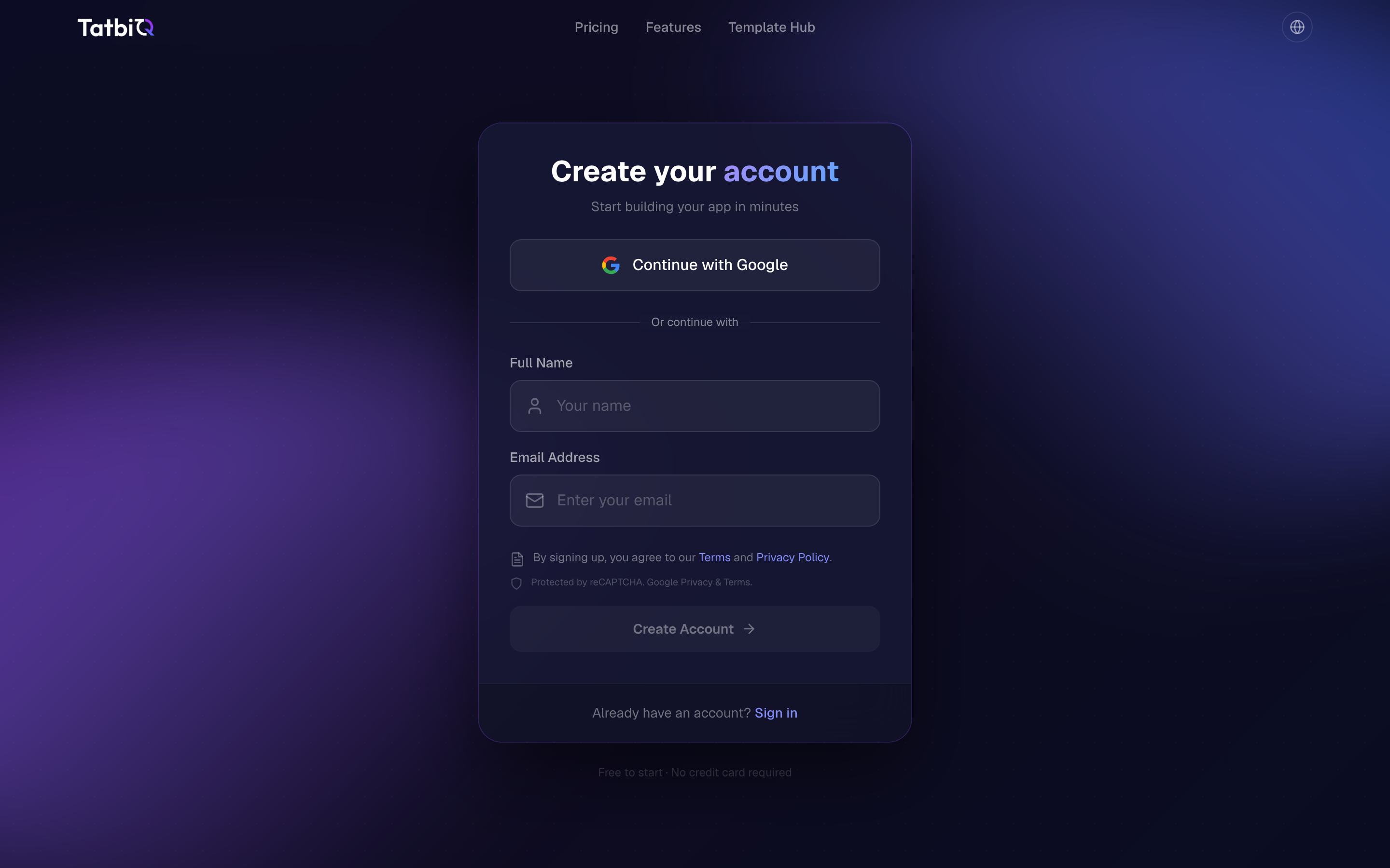 The TatbiQ sign-up screen with Continue with Google and an email and password form