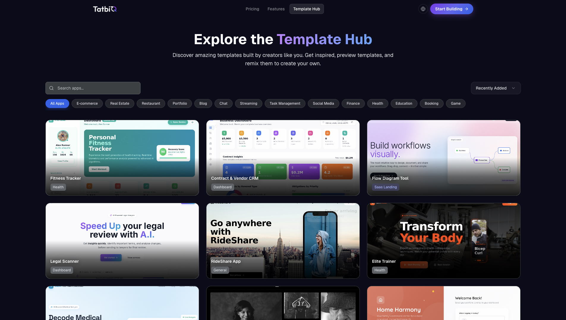 The TatbiQ Template Hub showing a gallery of community apps with search, sort, and category filters