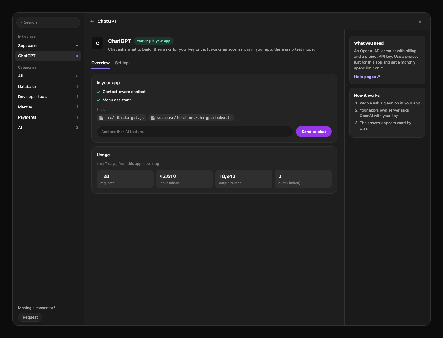 The ChatGPT page in the Integration Hub after setup, showing In your app features, Files, Add another AI feature, and Usage for the last 7 days
