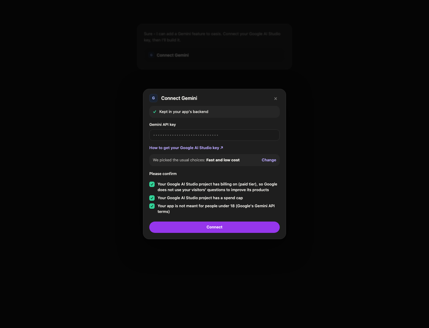 Connect Gemini window in chat with the Gemini API key field, usual choices, and three Please confirm ticks