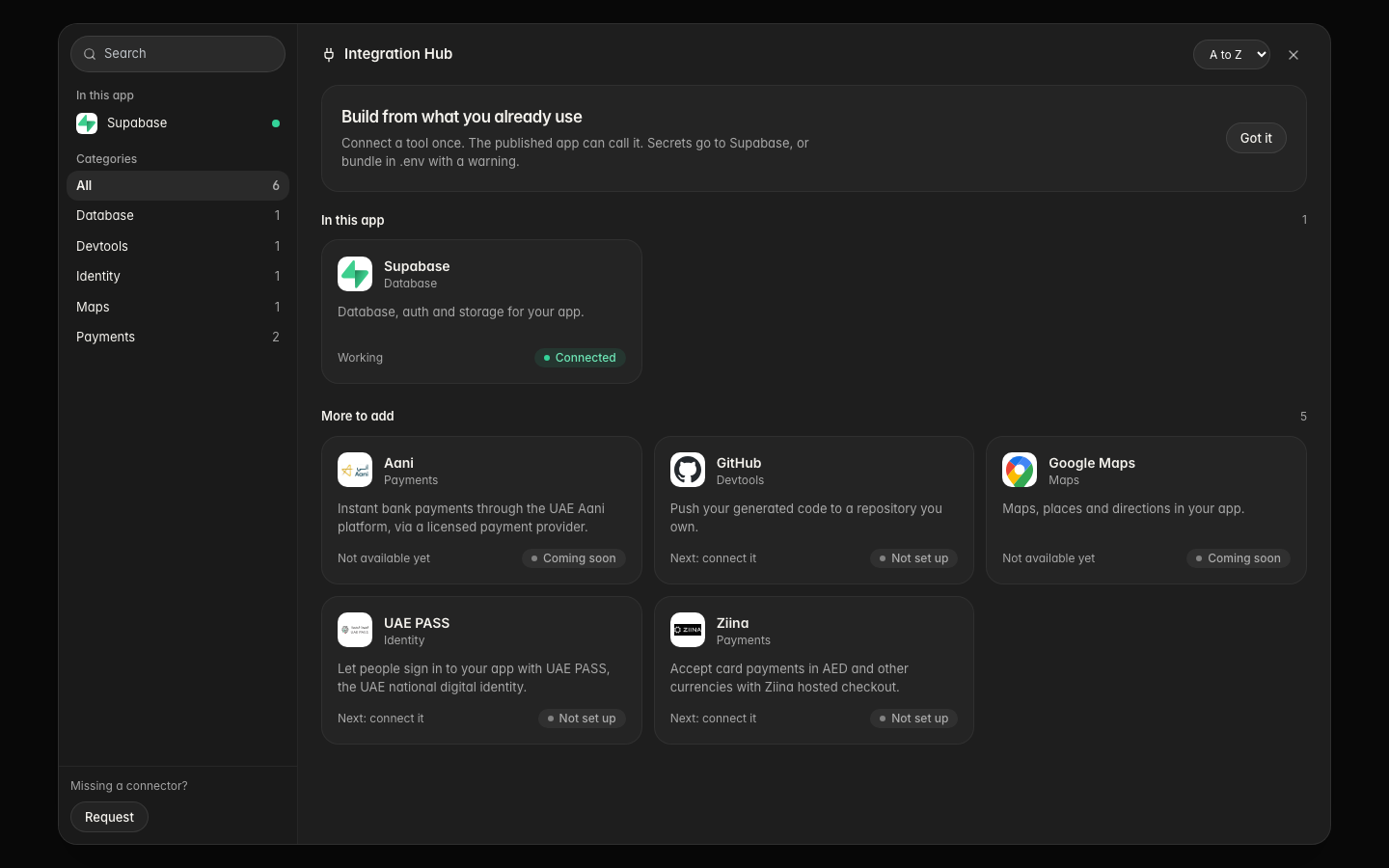 The Integration Hub catalog with search, categories, services in this app, and more services to add