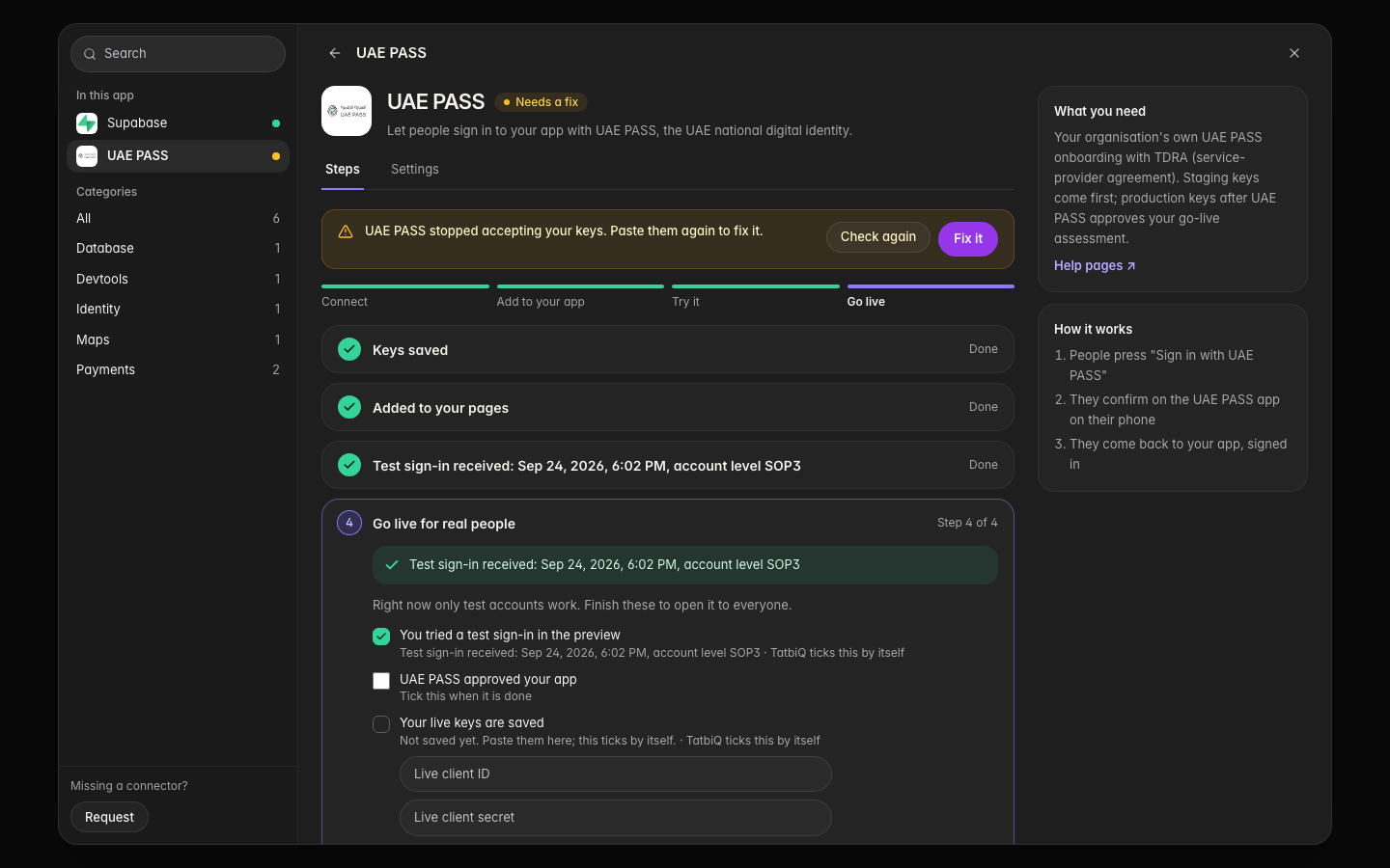 UAE PASS with a Needs a fix badge and a message asking to paste the keys again