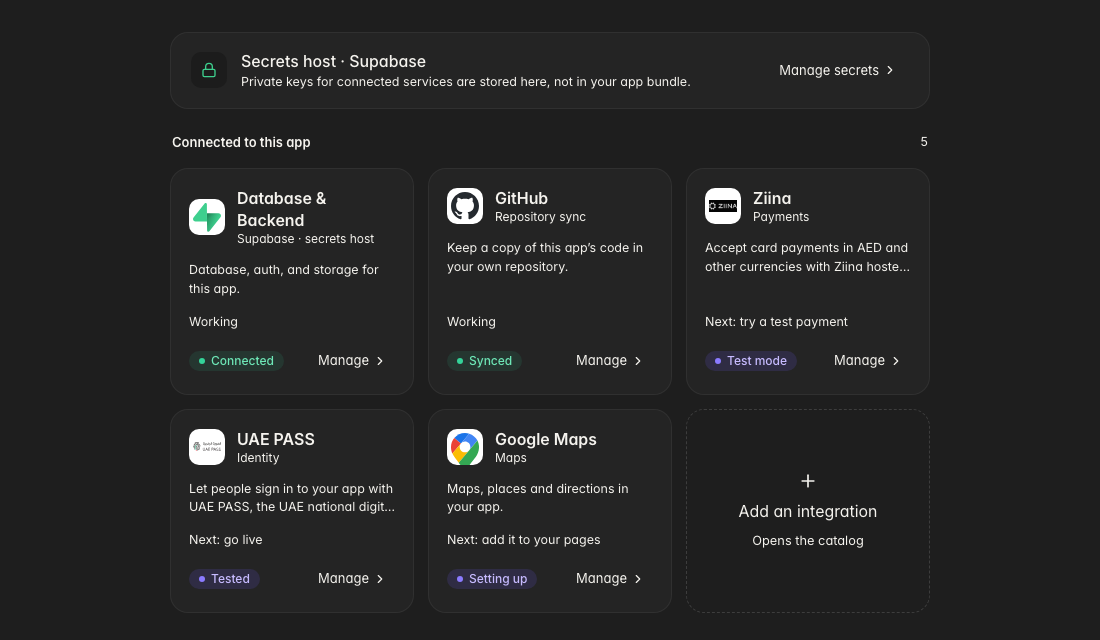 The Integration Hub showing services connected to this app, each with a status and a Manage button