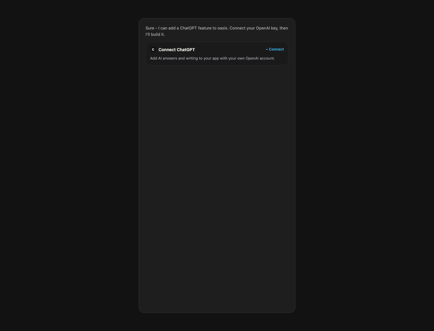 Connect ChatGPT window in chat with the OpenAI project API key field and spend-limit confirmation