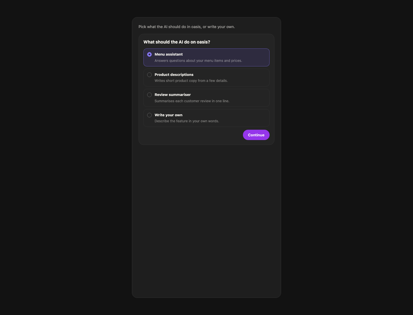 Chat card asking what the AI should do in the app, with three ideas and Write your own