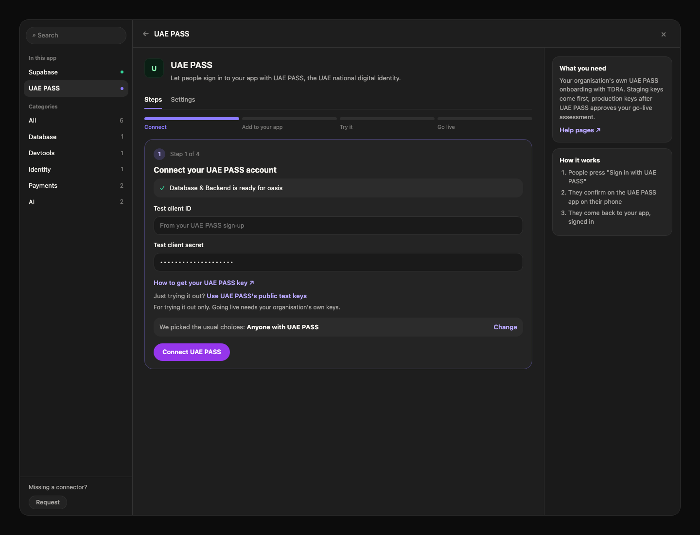The UAE PASS Connect step in the Integration Hub, with test client ID and secret fields and the option to use UAE PASS's public test keys