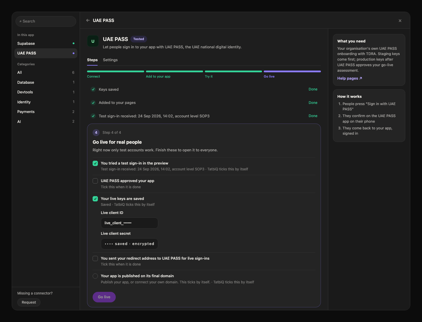 The UAE PASS Go live checklist in the Integration Hub, with items that tick by themselves and items you tick