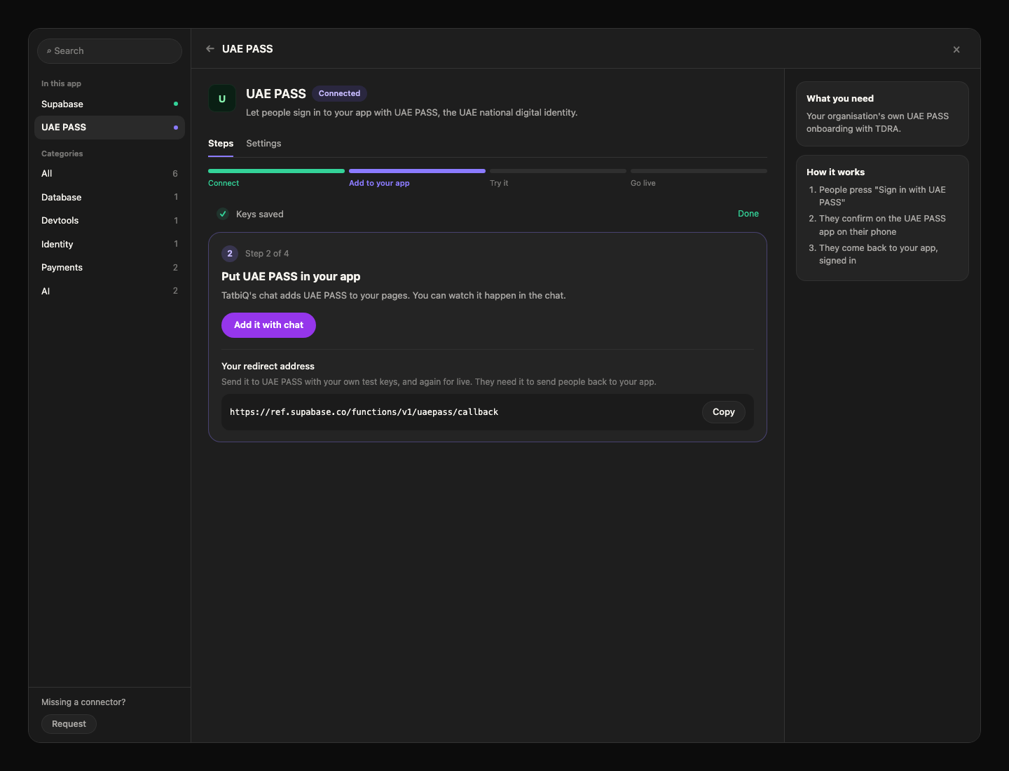 The Your redirect address block in the Integration Hub, with the redirect URL and a Copy button