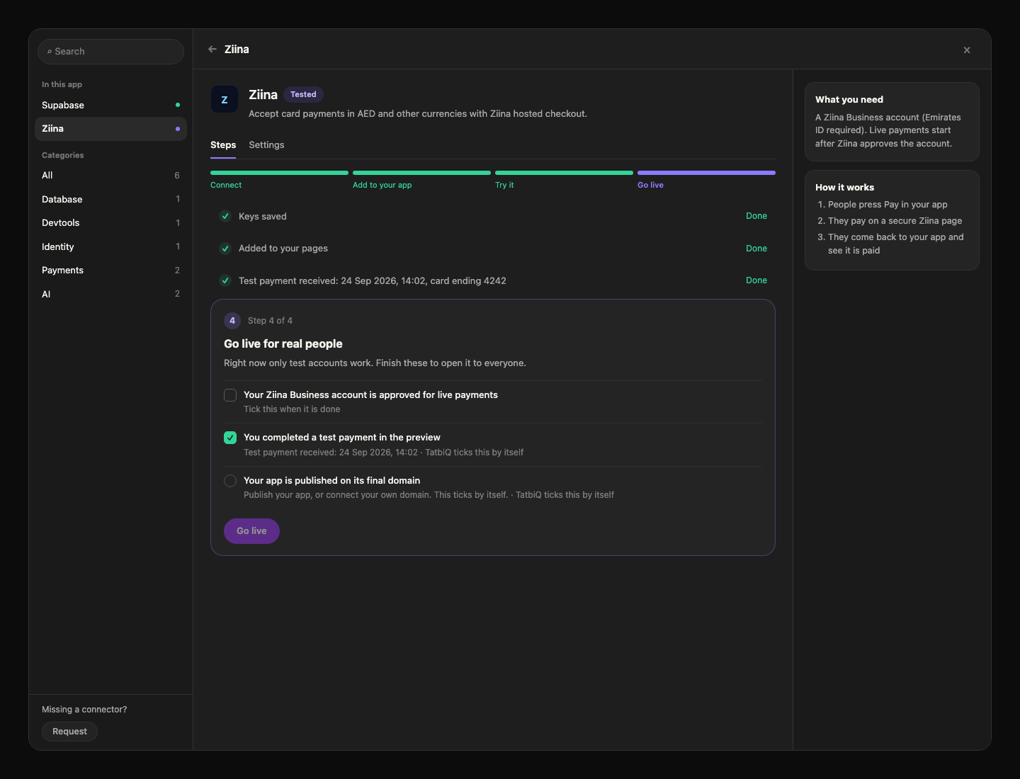 Integration Hub Go live step for Ziina with the three checklist items