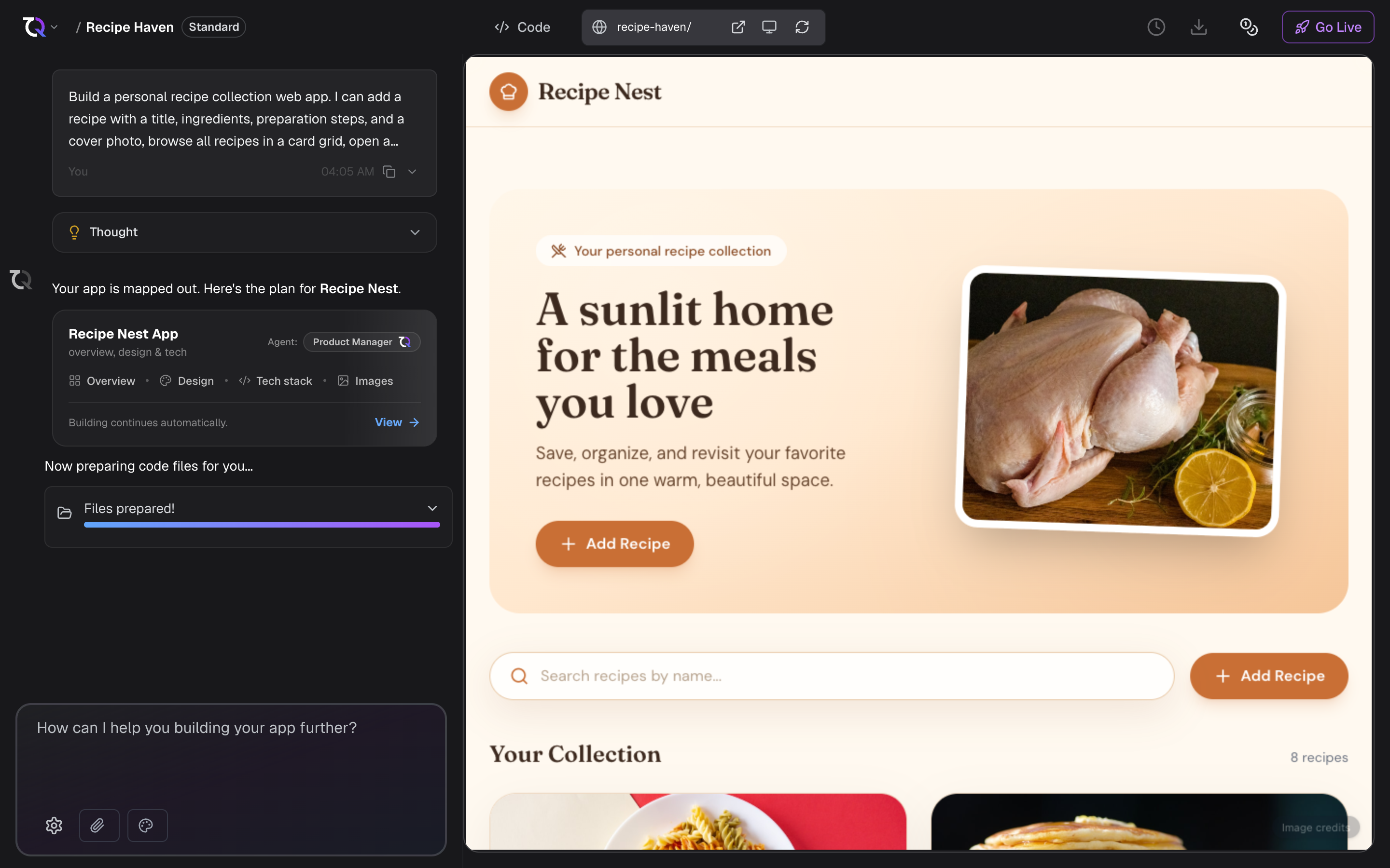 The TatbiQ workspace with the AI chat, live preview, and project sidebar